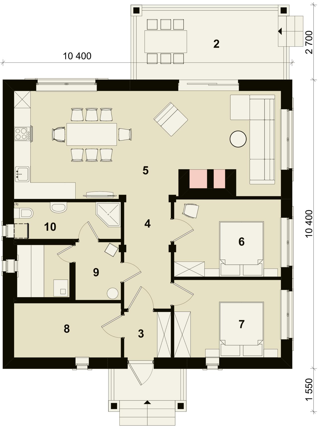 Проект дома 7 на 7 одноэтажный с 3 спальнями