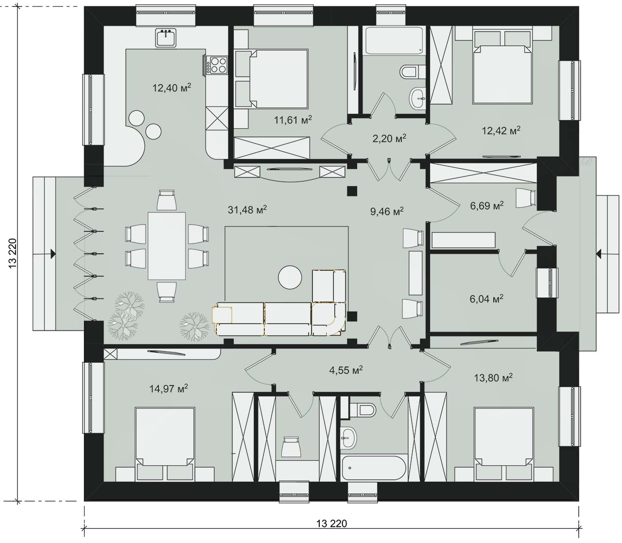 Проекты одноэтажных домов с тремя спальнями: планы и планировки