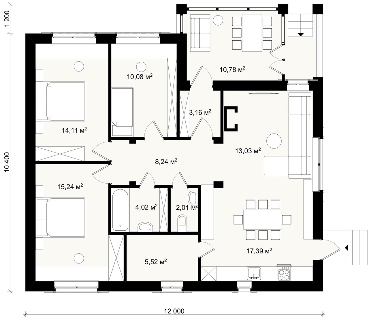 Планировка дома 12 на 14 одноэтажный с тремя спальнями