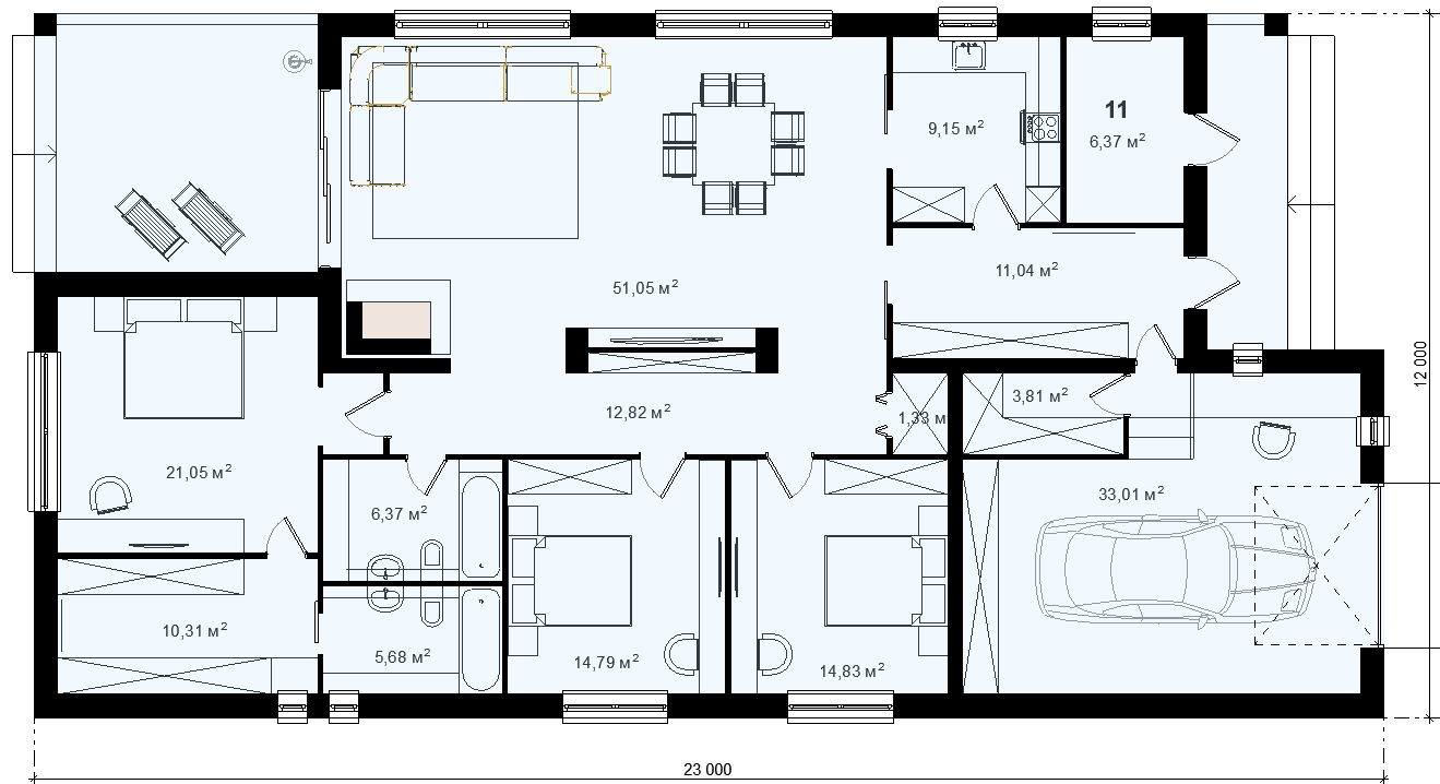 План длинного одноэтажного дома 12 х 23 м с тремя спальнями и гаражом