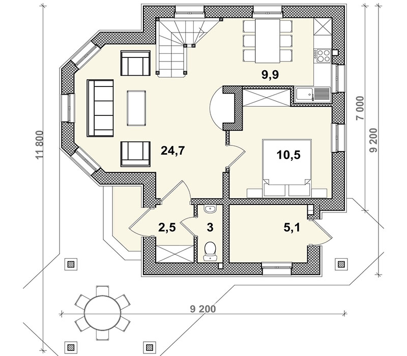 Дом из газобетона строгой геометрической формы, 9,04 х 9,74 м.