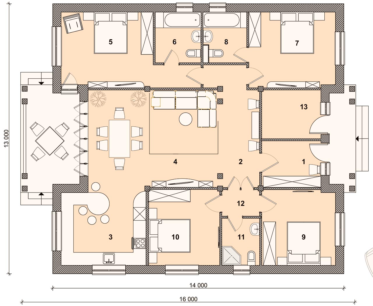 планировка одноэтажного дома с интерьером