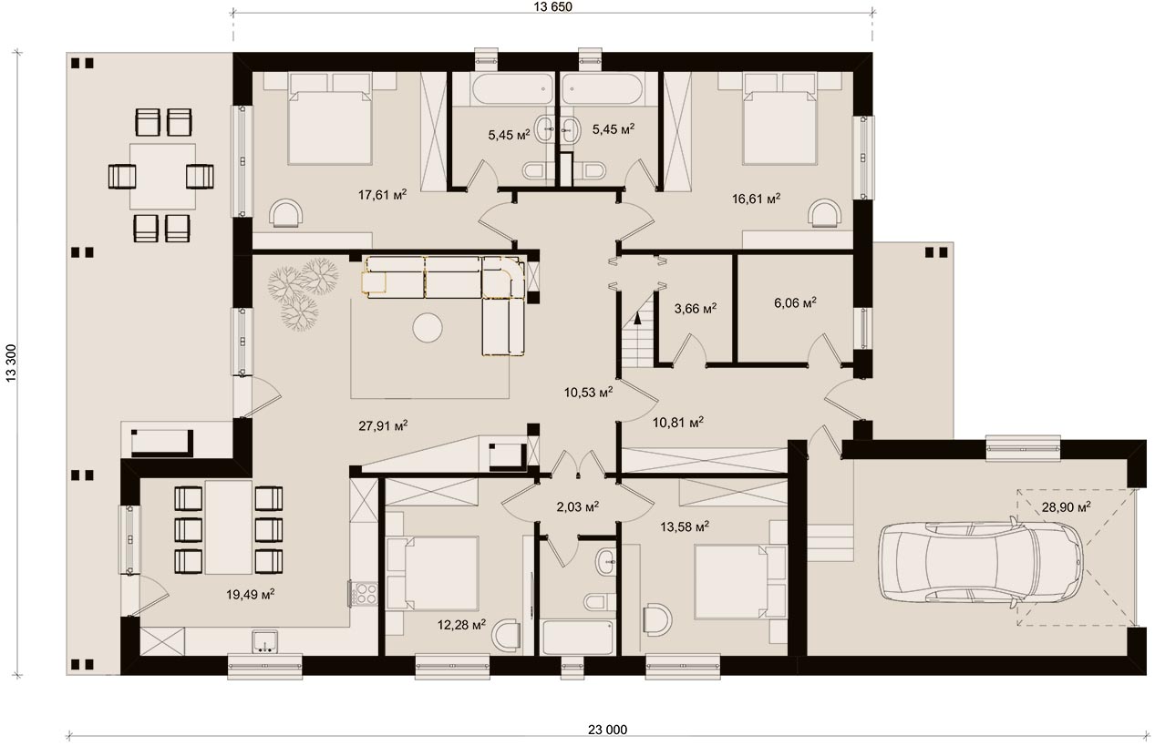 Планировка дома 12 на 10 одноэтажный с 2 спальнями и гардеробной и котельной