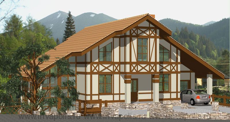 Визуализация главного фасада дома шале Светлый-4 для строительства на склоне