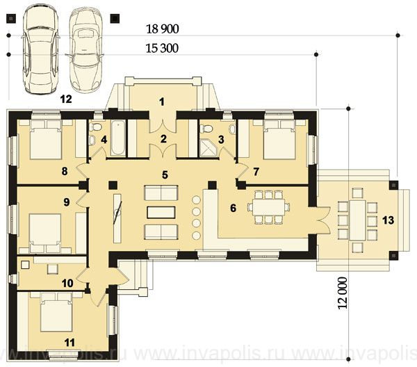 Проекты одноэтажных домов с 4 спальнями до 150 м2